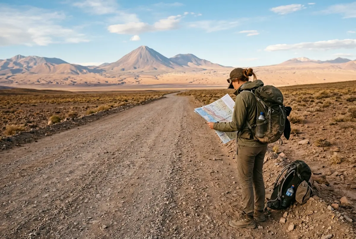 Traveler checking a paper map against the desert landscape near San Pedro de Atacama, dusty road and volcano in the background, atacama desert itinerary planning scene