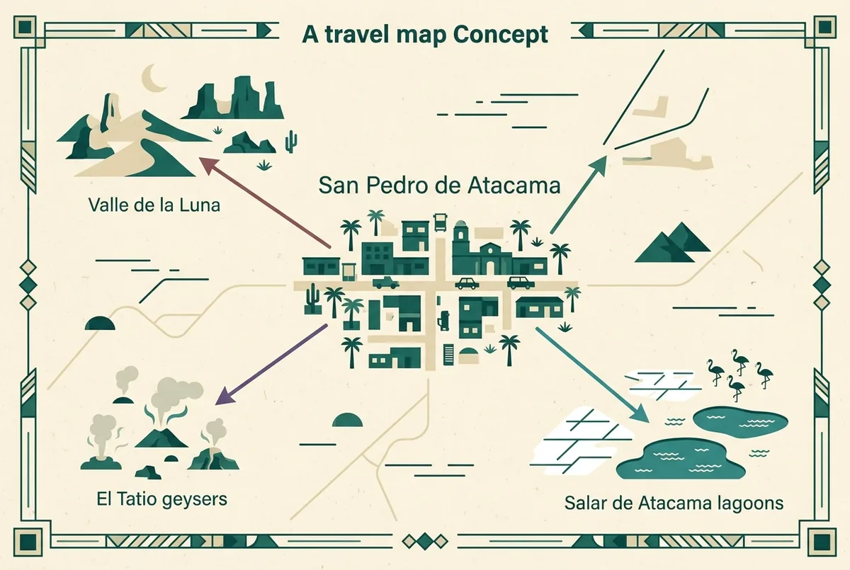 Simple map-style infographic showing San Pedro de Atacama at the center with lines radiating out to Valle de la Luna, El Tatio geysers and the Salar de Atacama lagoons, flat design, generic labels only, Atacama desert travel guide map