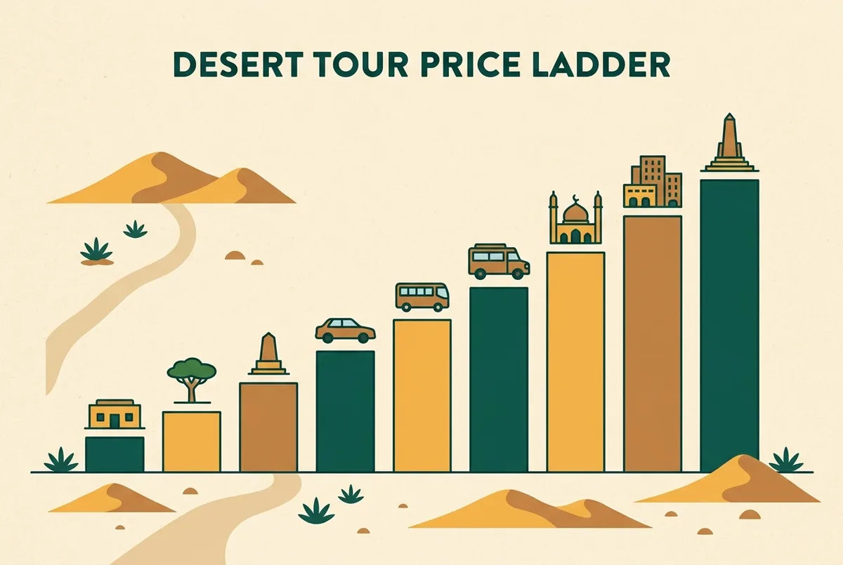Infografía simple tipo escalera de precios mostrando nueve barras genéricas de distinta altura ordenadas de más barata a más cara para distintas categorías de tour en el desierto, sin cifras de dinero