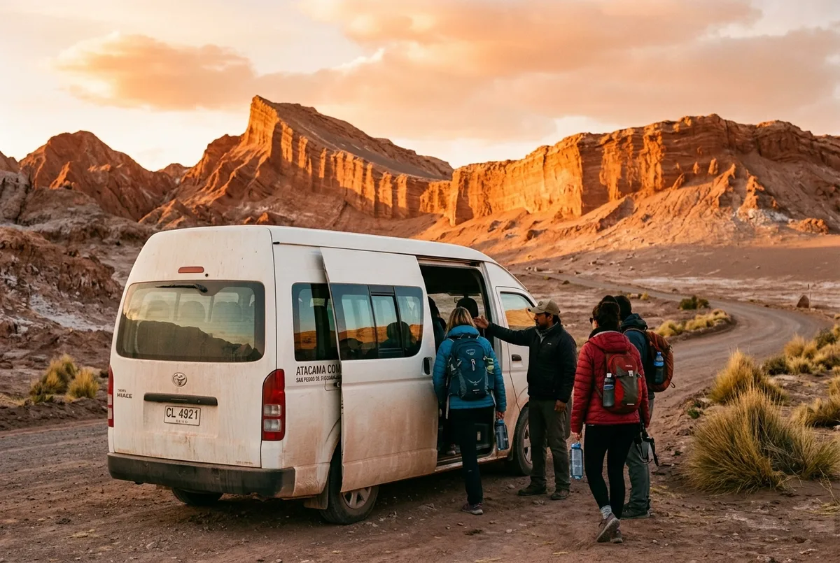 Van de turismo estacionada com malas sendo carregadas ao amanhecer em San Pedro de Atacama, deserto e vulcões ao fundo, pacote de passeios atacama