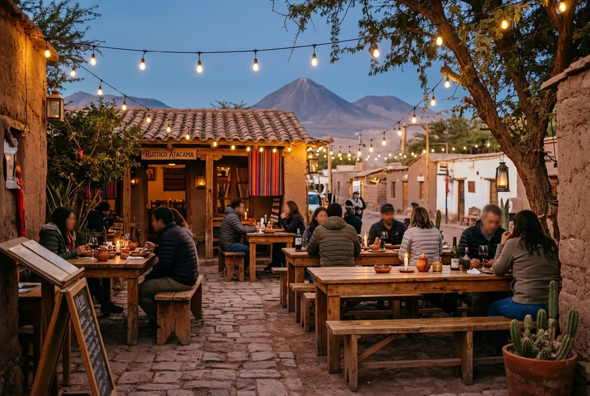 Small outdoor restaurant terrace with wooden tables and string lights near San Pedro de Atacama's main plaza at dusk, simple Chilean dishes on the table, best restaurants San Pedro de Atacama scene