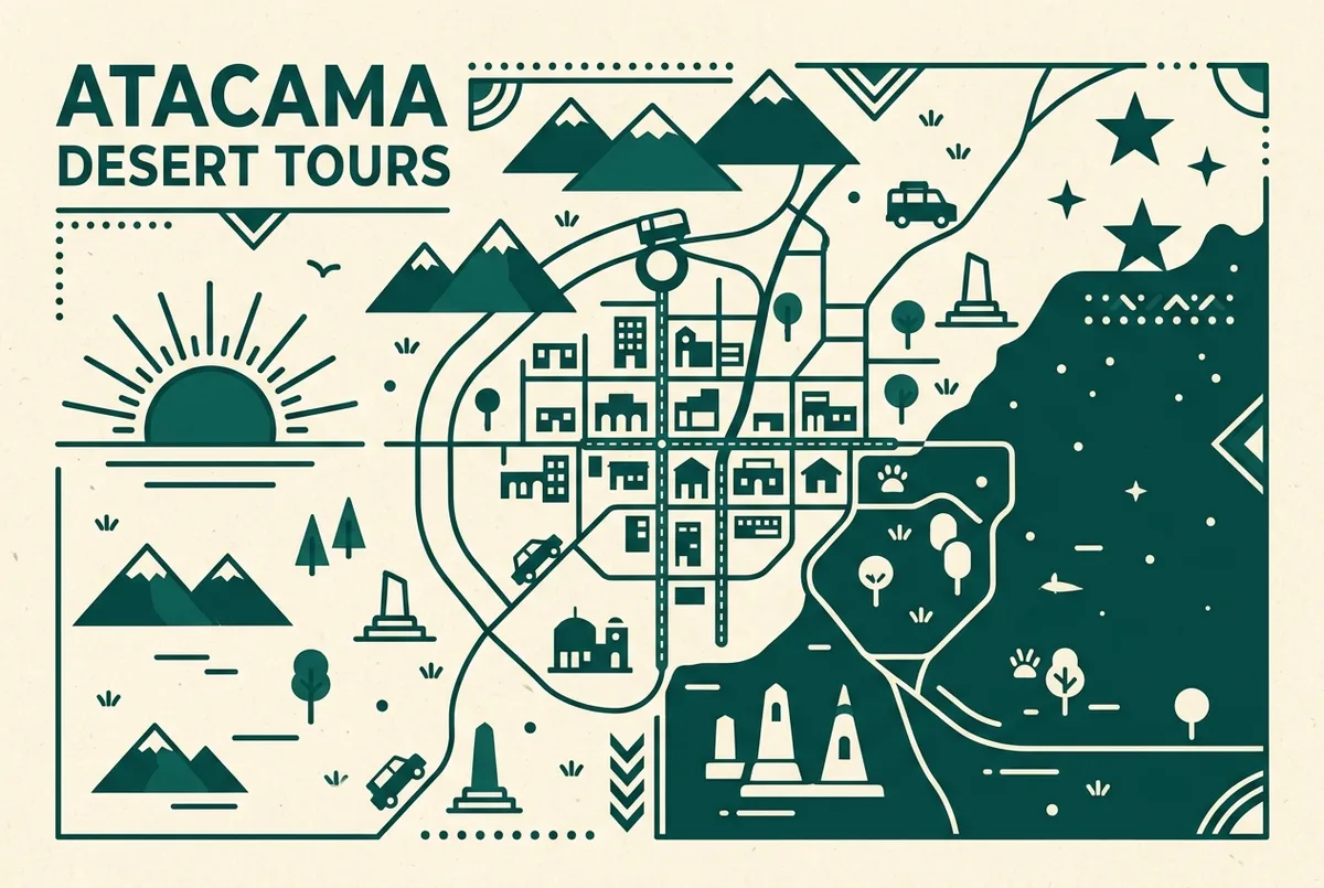 Simple infographic showing a sunrise icon labeled early tour breakfast on one side and a stars icon labeled late tour dinner on the other, flat design, generic labels only, best restaurants San Pedro de Atacama timing infographic