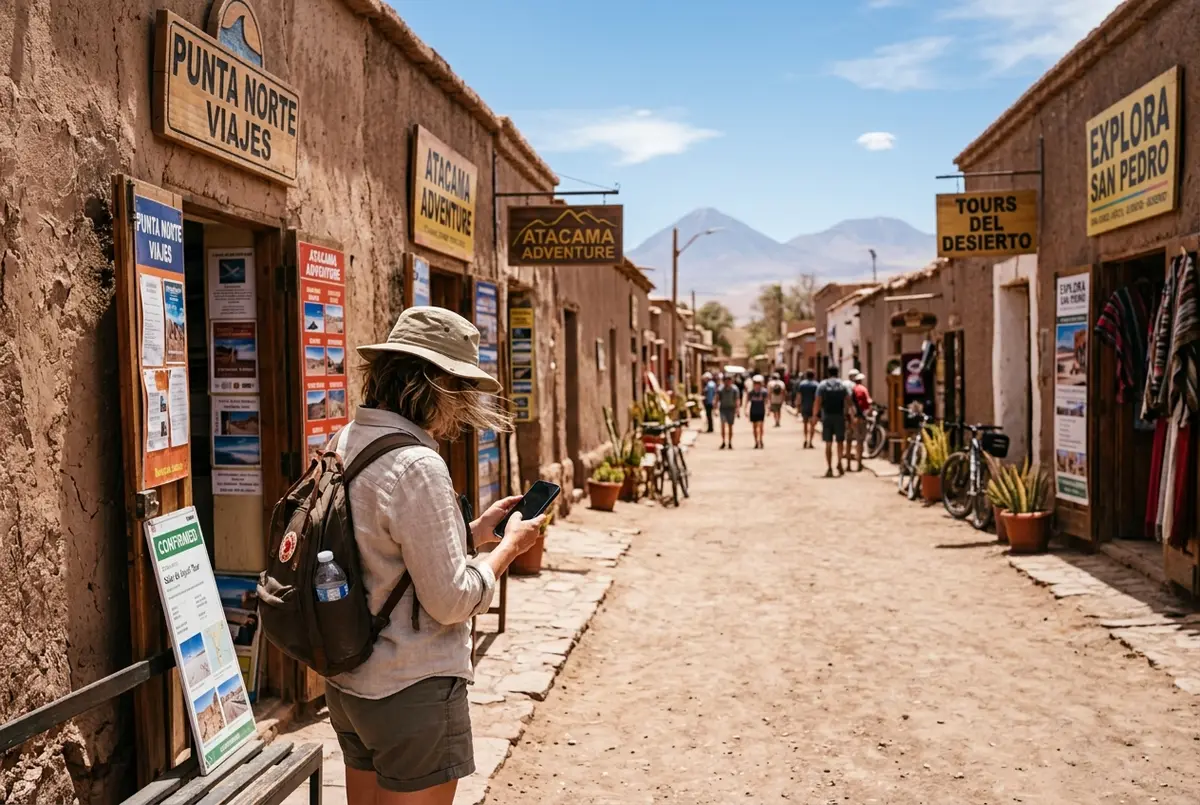 Traveler reviewing a tour booking confirmation on a phone outside a row of small travel agency storefronts in San Pedro de Atacama at midday, tour operator San Pedro de Atacama scene