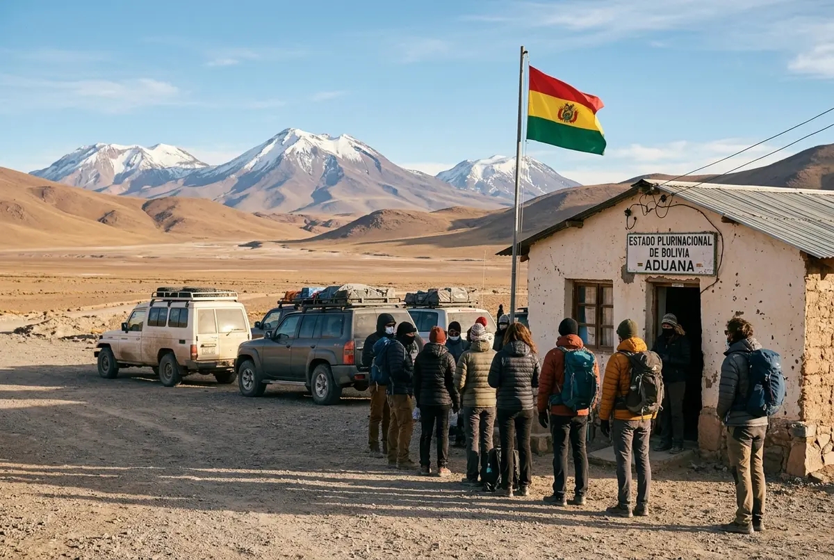 Travelers in warm jackets lining up at a small, remote high altitude border post building with a Bolivian flag, 4x4 vehicles parked behind them, chile bolivia border crossing scene