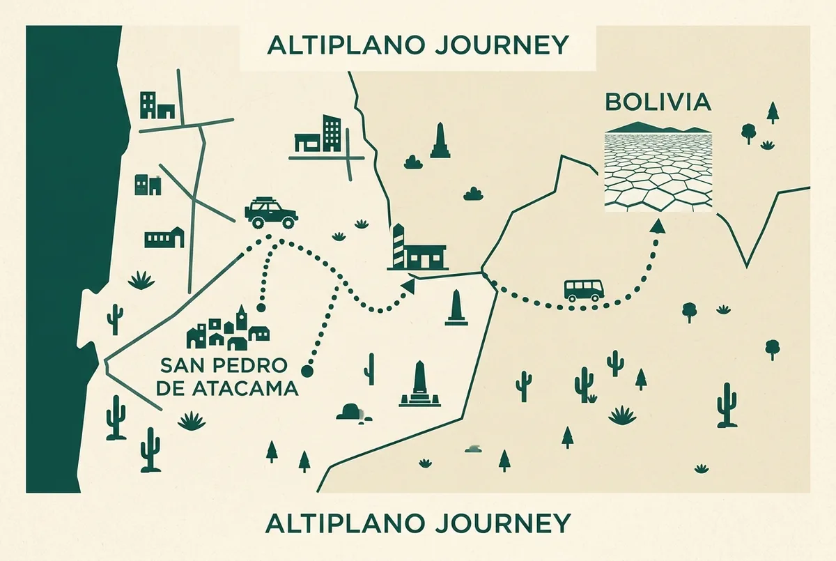 Simple infographic style map showing a dotted route line from San Pedro de Atacama to a border post icon, then onward to a salt flat icon inside Bolivia, flat design, generic labels only, chile bolivia border crossing route map