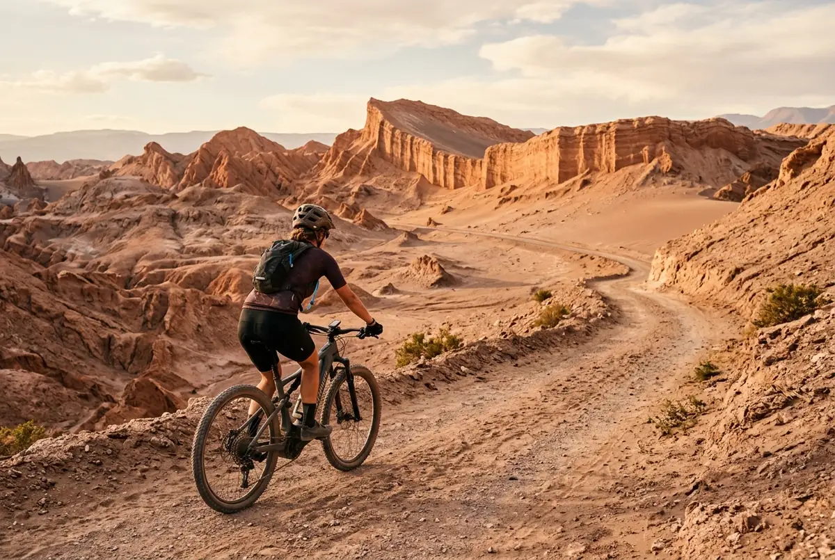 Cyclist riding an e-bike along a sandy desert trail toward Valle de la Luna's salt rock formations under bright daytime sun, bike tour san pedro de atacama scene