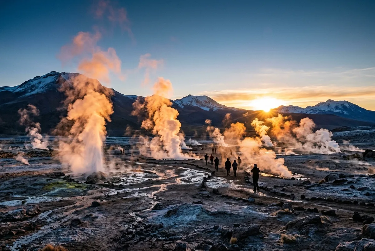 First light breaking over a highland geyser field with steam columns glowing orange against a cold blue sky, el tatio geysers sunrise timing scene
