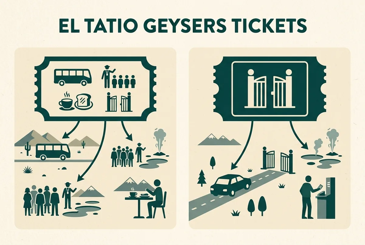 Infographie simple comparant un billet d'excursion groupé incluant transport, guide, petit-déjeuner et entrée face à un billet d'entrée séparé payé indépendamment, style plat, étiquettes génériques uniquement
