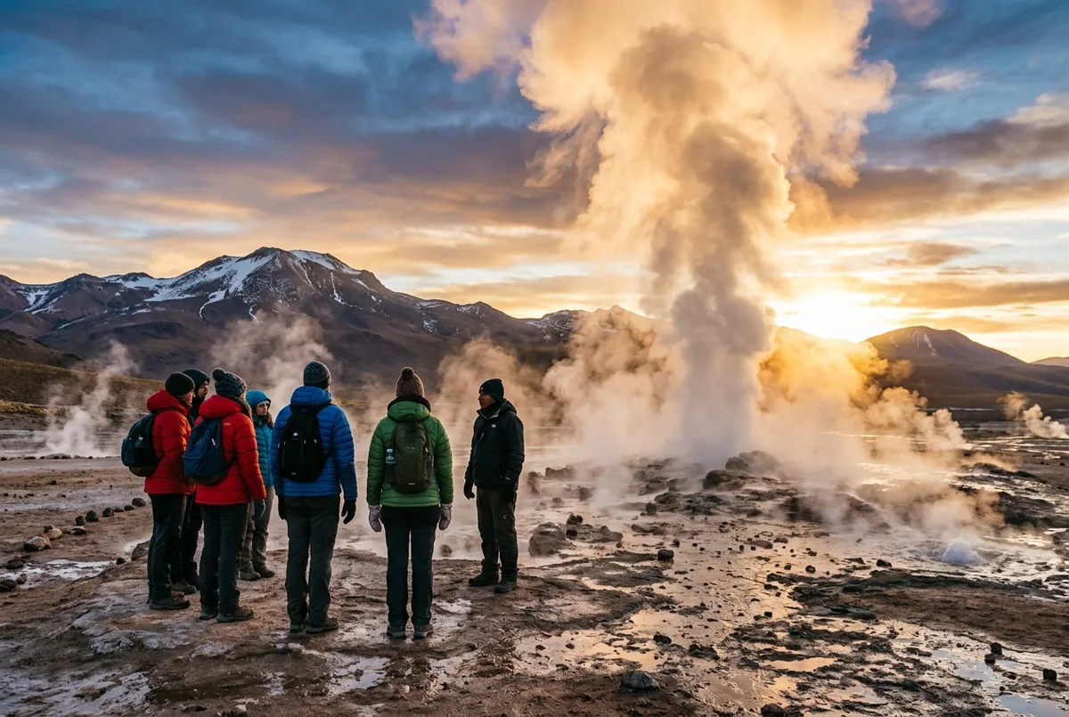 Small tour group in warm jackets watching steam columns rise from geysers at sunrise in the Atacama highlands, golden early light, el tatio geysers tour scene
