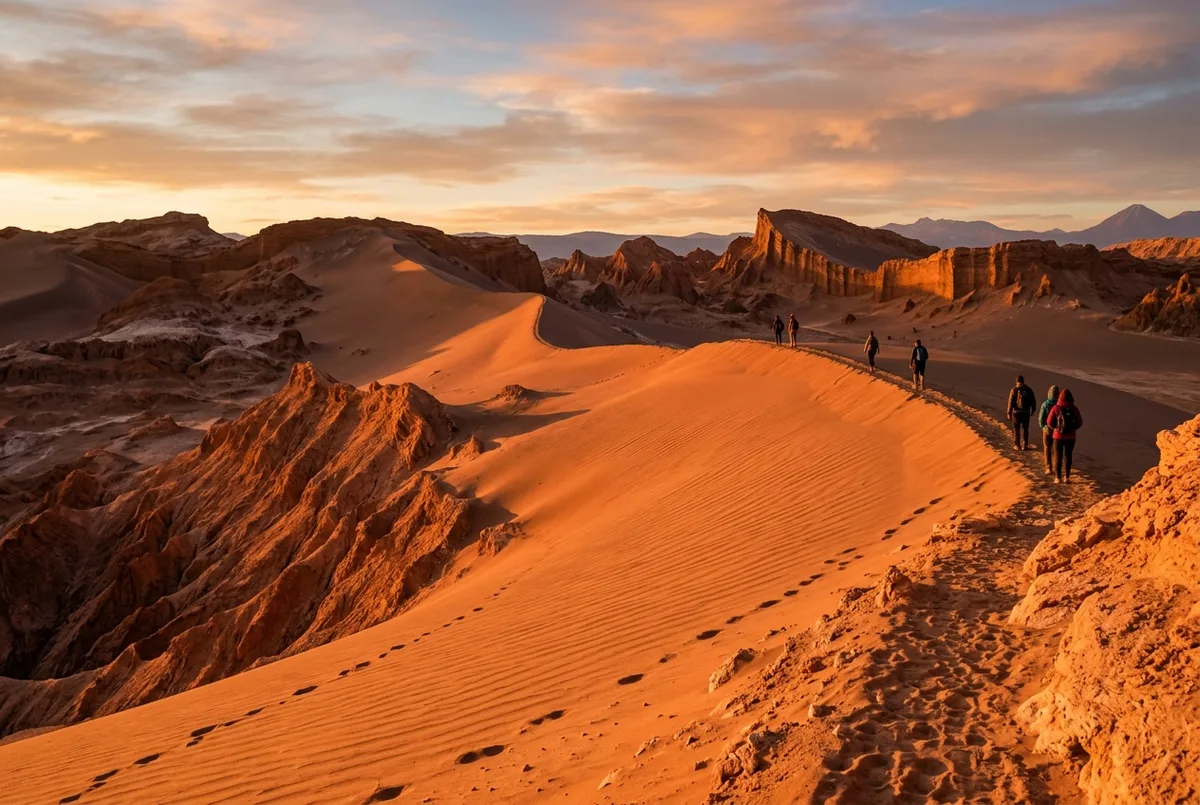 Atacama tours highlight: wind-carved dune ridges of Valle de la Luna glowing orange at sunset, framed by the Cordillera de la Sal