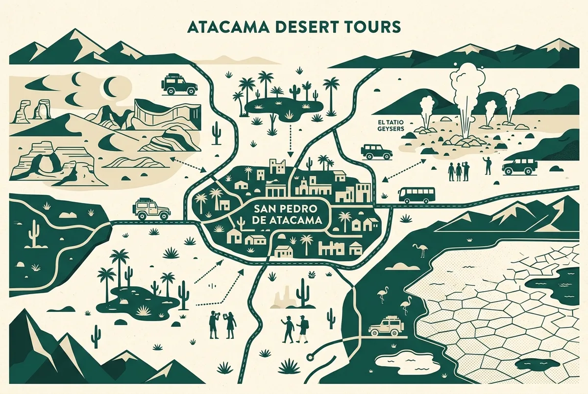 Map-style overview of Atacama tours around San Pedro de Atacama, marking Valle de la Luna, El Tatio Geysers and the Salar de Atacama salt flats