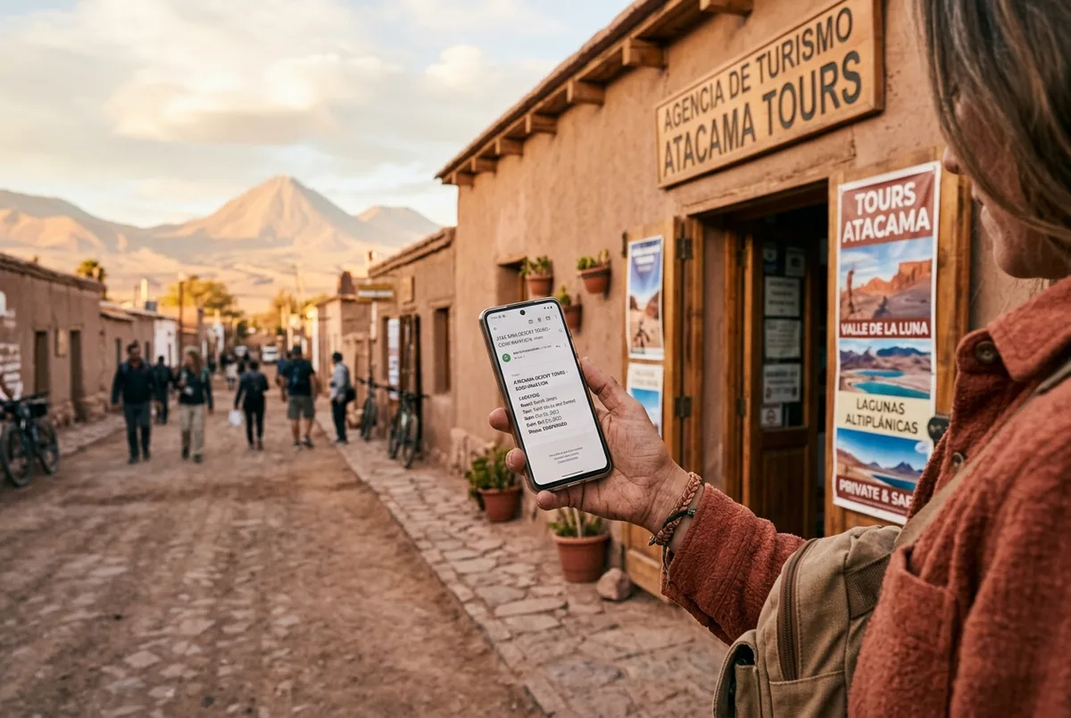 Traveler holding a phone showing a mobile booking confirmation outside a travel agency storefront in San Pedro de Atacama, desert light in the background, how to book atacama tours safely scene