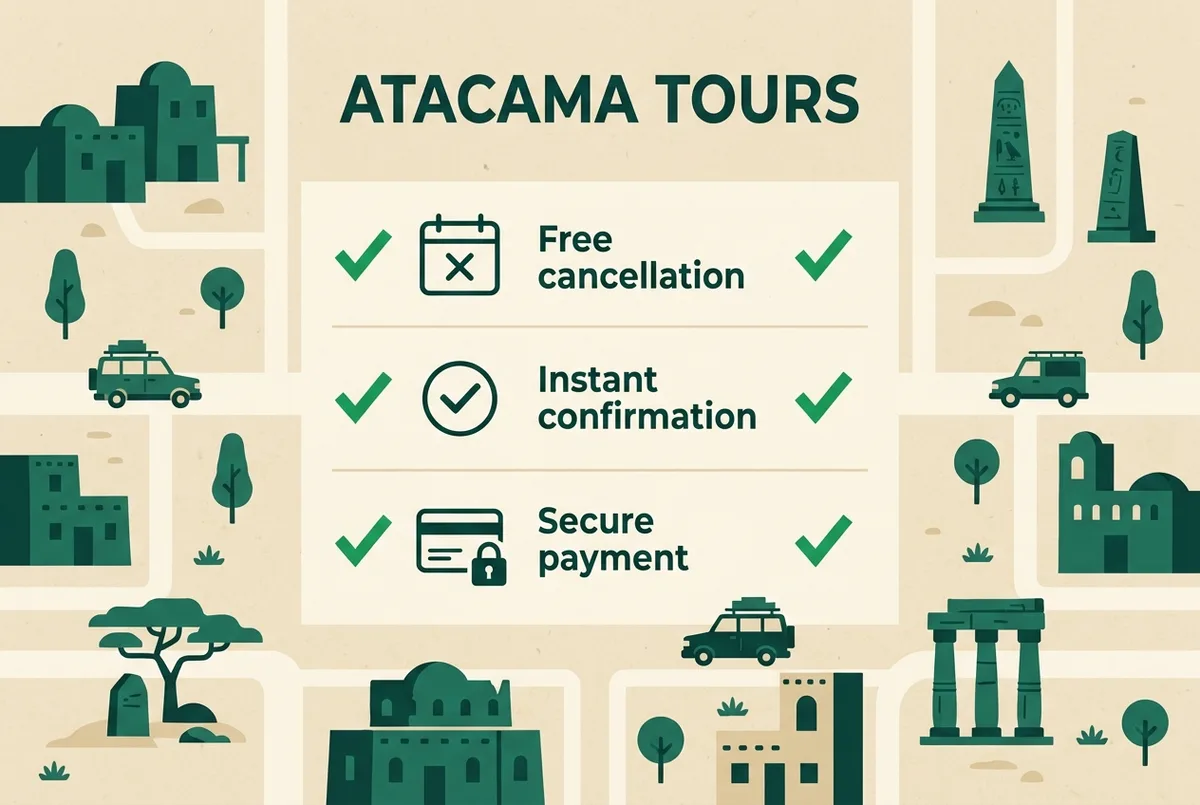 Simple infographic checklist showing icons for free cancellation, instant confirmation and secure payment next to a green checkmark, flat design, generic labels only, how to book atacama tours safely checklist
