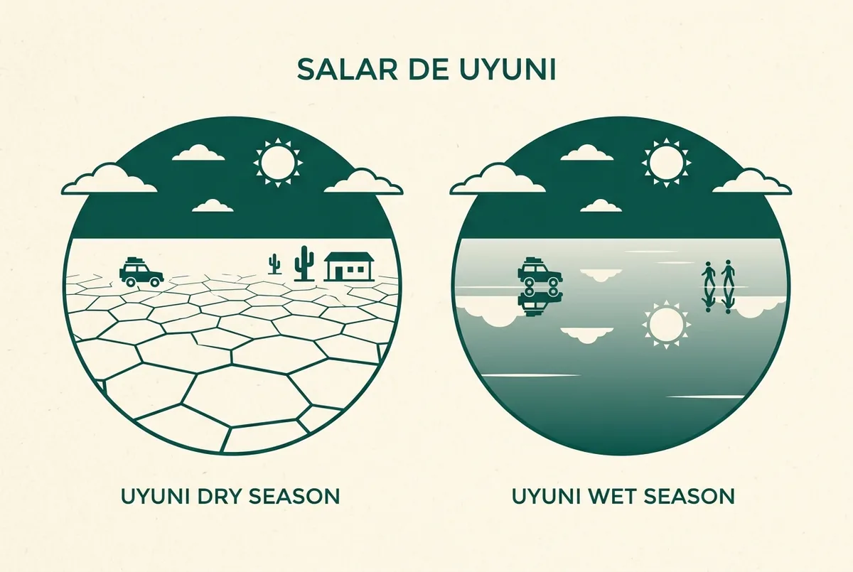 Simple before and after style graphic comparing a cracked dry white salt flat icon against a flat mirror like reflective surface icon under the same sky, flat design, generic labels only, uyuni wet season versus dry season comparison
