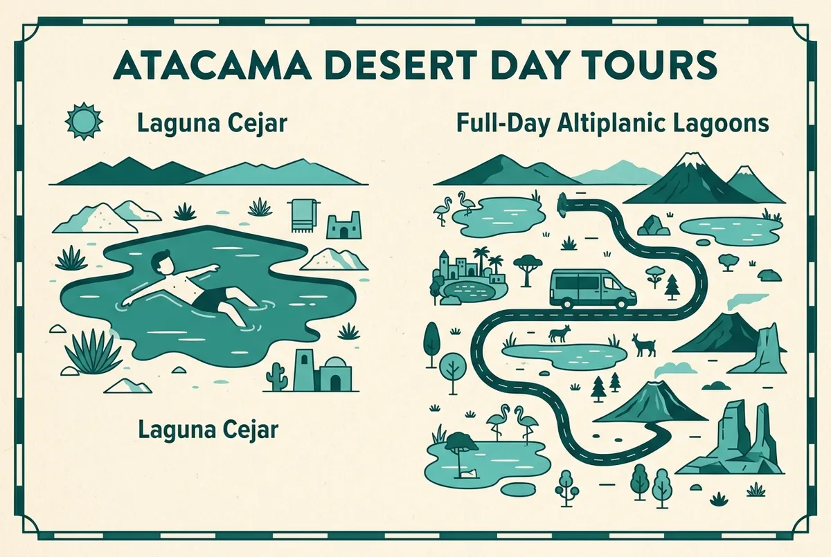 Simple infographic comparing a floating figure icon in Laguna Cejar against a scenic van-tour icon for the full-day altiplanic lagoons circuit, flat design, generic labels only, laguna cejar tour versus full-day lagoon comparison