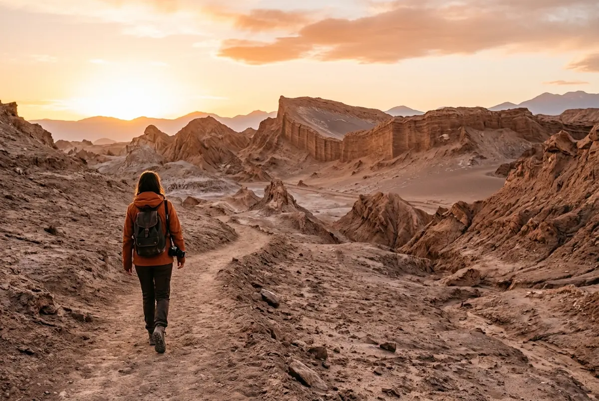 Viajero con mochila pequeña consultando el reloj junto a una furgoneta de tour al amanecer en una calle de tierra de San Pedro de Atacama