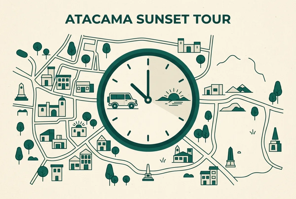 Infografía simple tipo línea de tiempo de un full day en San Pedro de Atacama con iconos genéricos de mañana, tarde y atardecer sobre dunas y cielo estrellado, sin texto de precios