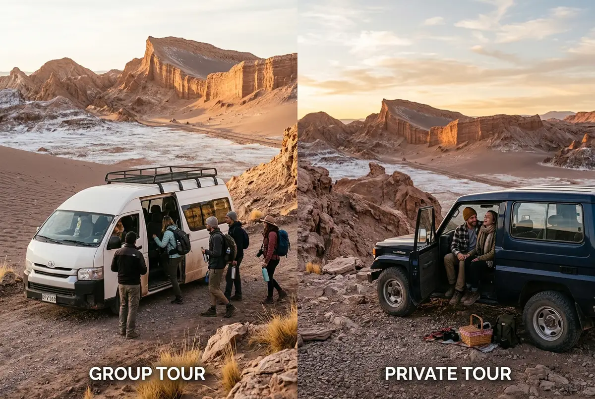 Side-by-side desert scene showing a small shared tour van with several travelers boarding next to a single private jeep with one couple, Valle de la Luna rock formations in the background at golden hour, private vs group tours atacama comparison