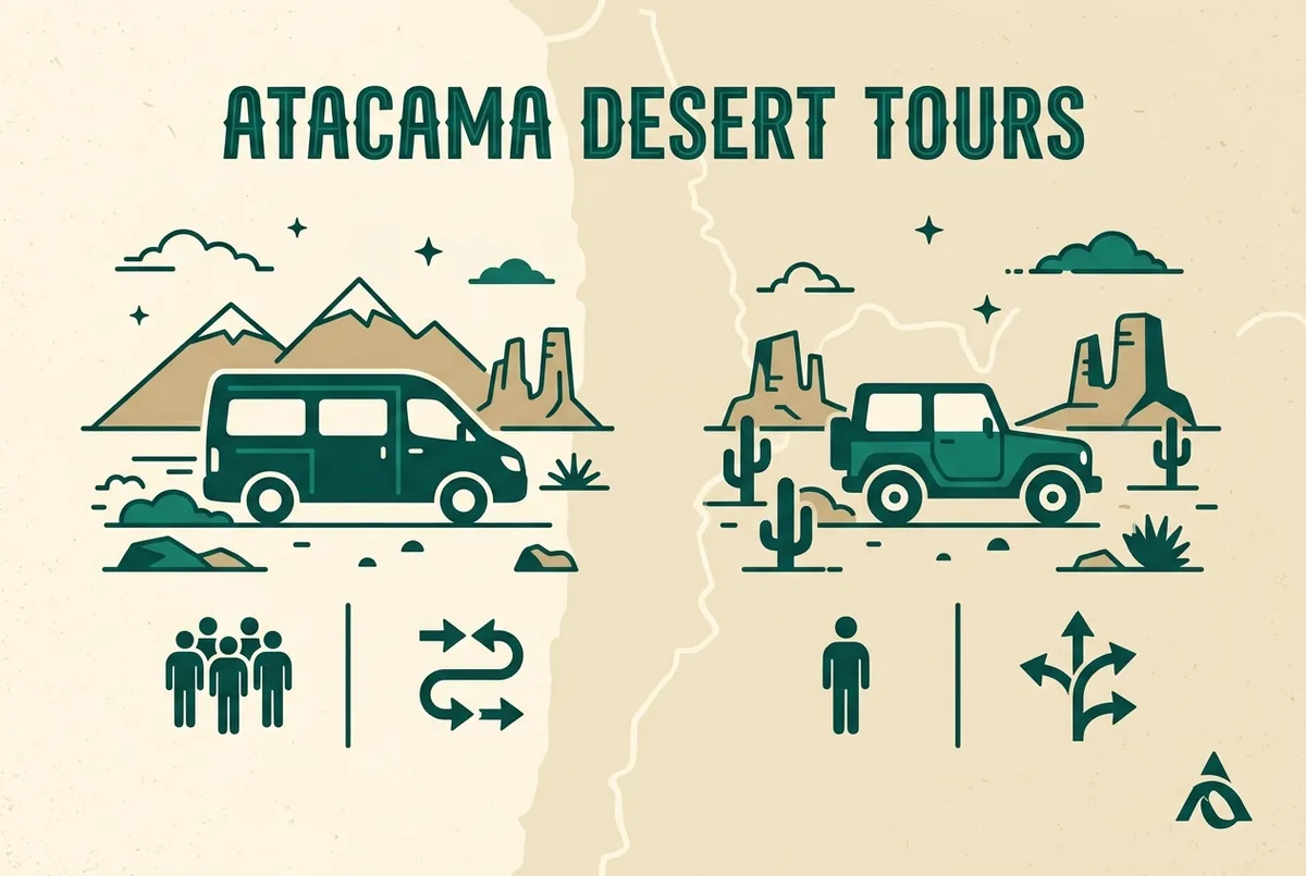Simple infographic comparing a group tour van icon against a private jeep icon, with cost and flexibility icons underneath each, flat design, generic labels only, private vs group atacama tour comparison