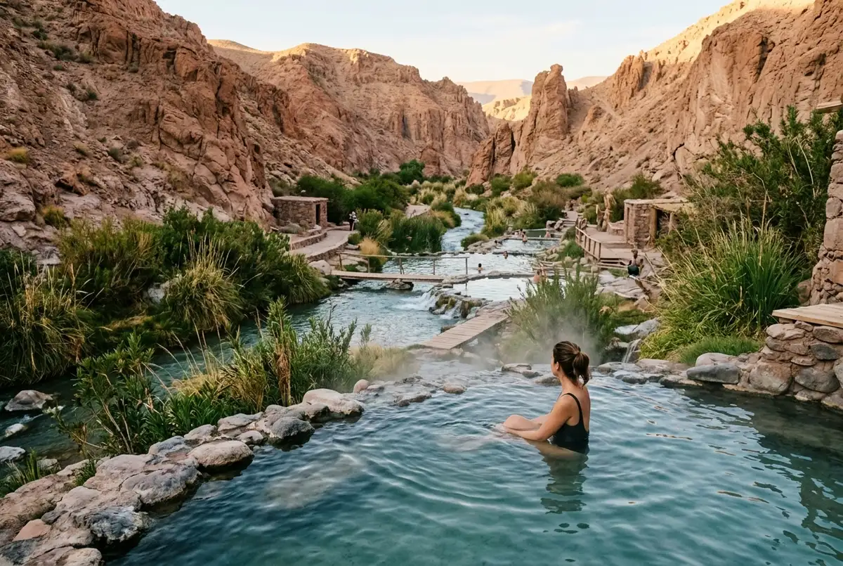 Traveler soaking in a warm thermal pool at Puritama Hot Springs, green canyon vegetation against the surrounding desert rock, steam rising gently off the water, puritama hot springs tour scene