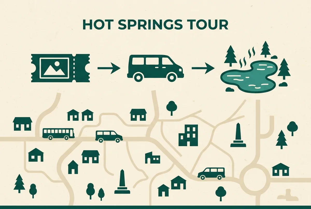Simple infographic showing a two-step journey: a ticket icon labeled admission purchased separately, followed by a van icon labeled round-trip transfer, flat design, generic labels only, puritama hot springs tour booking steps