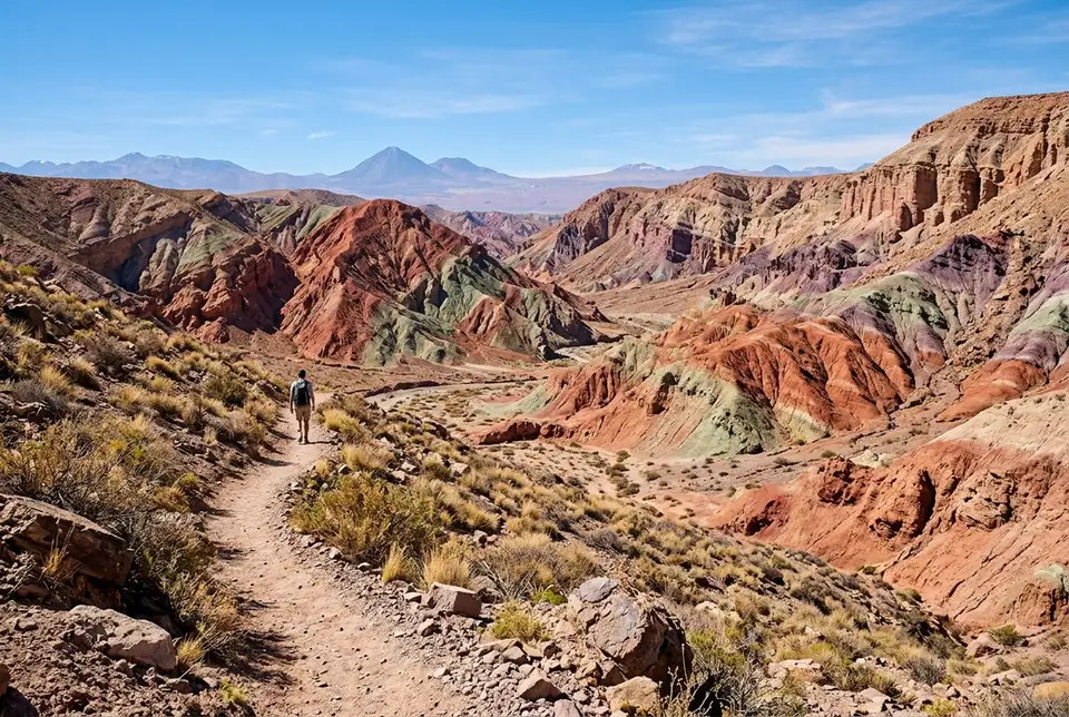 Wide view of layered red, green and purple canyon rock at Valle del Arcoiris with a quiet walking trail and no crowds, bright desert sunlight, rainbow valley tour atacama scene