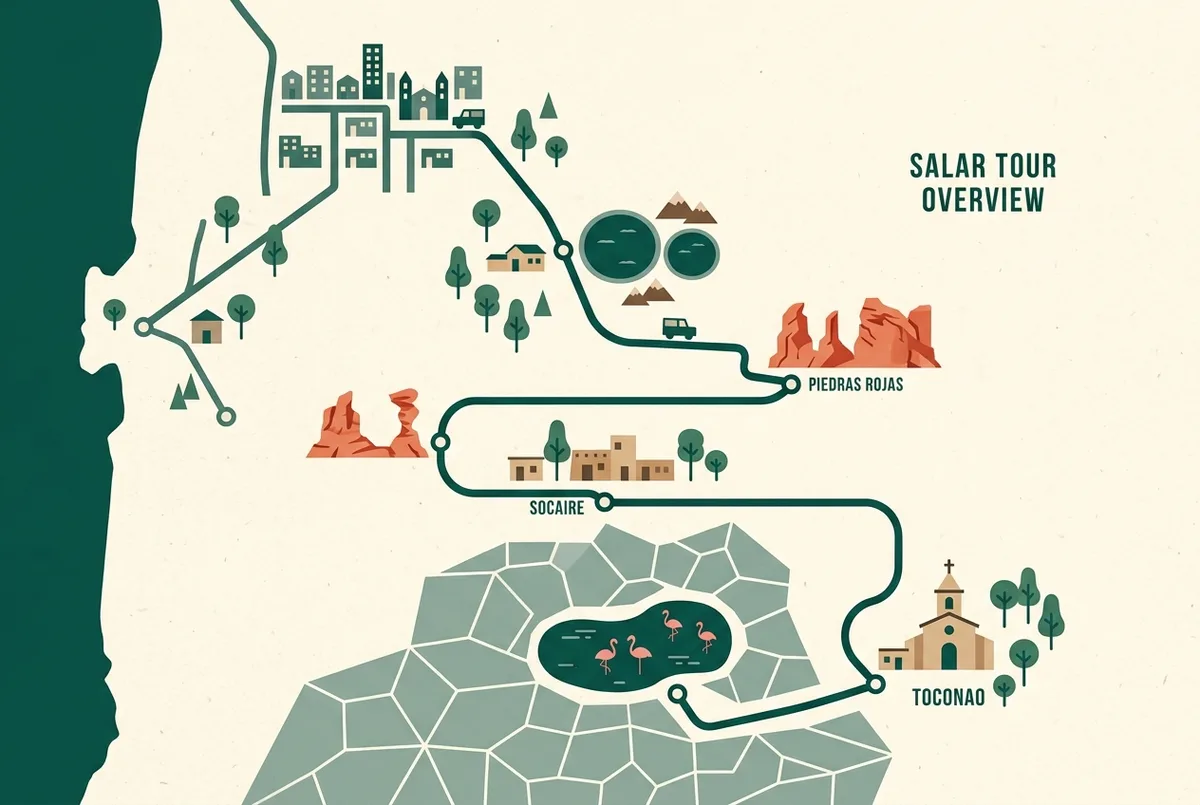 Simple map graphic marking the day's route from San Pedro de Atacama through the Miscanti and Miñiques lagoons, Piedras Rojas, Socaire, Chaxa Lagoon, and Toconao, flat design, generic labels only, salar de atacama tour route overview