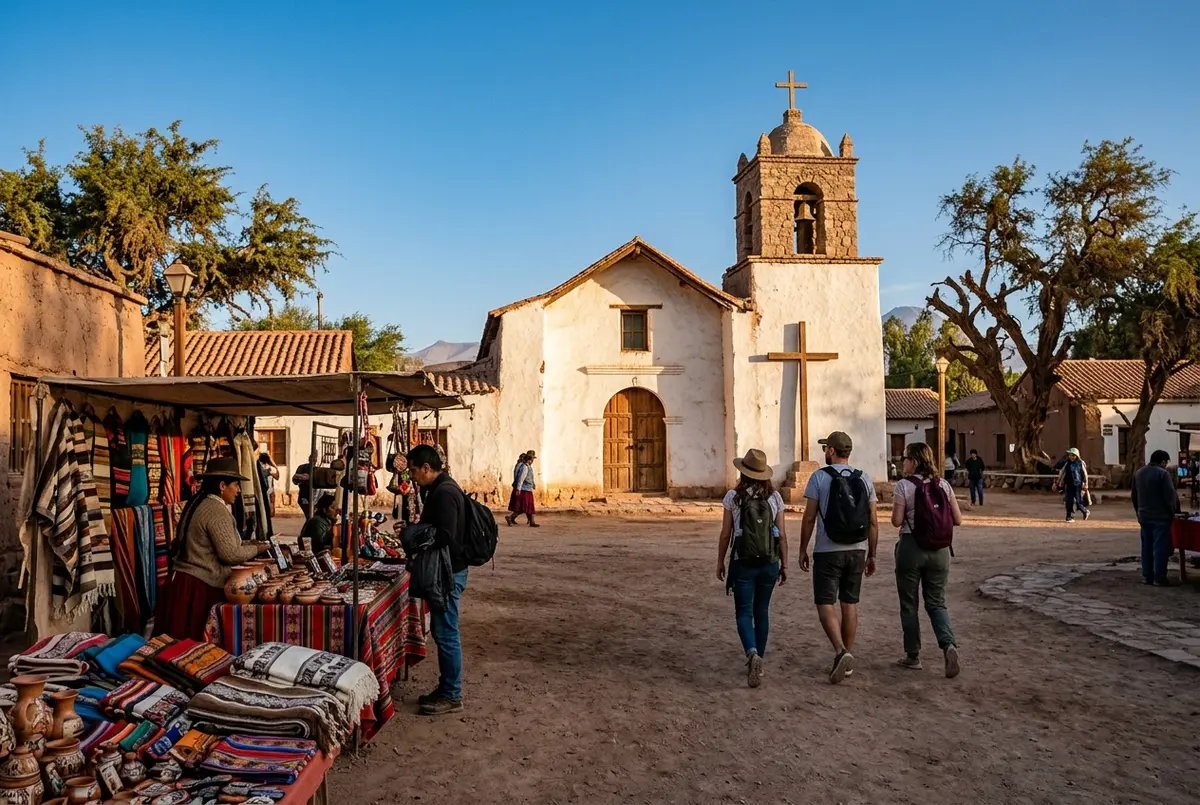 Travelers strolling past a whitewashed adobe church on a dusty main square at golden hour with a craft market stall visible nearby, city tour San Pedro de Atacama scene