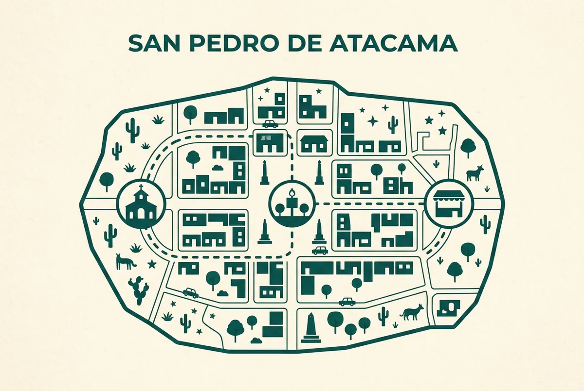 Simple infographic style map showing a short walking loop connecting a church icon, a plaza icon and a market icon within a compact town outline, flat design, generic labels only, city tour San Pedro de Atacama walking route