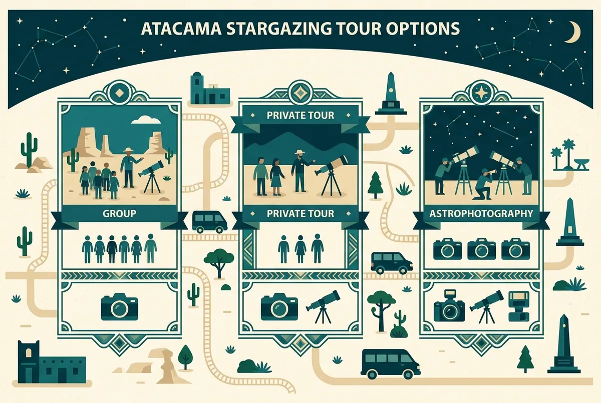 Infográfico simples de comparação de preço mostrando três níveis de tour, padrão, privado e astrofotografia, com ícones de tamanho de grupo e equipamento de câmera, design plano, apenas rótulos genéricos, comparação de tour astronomico atacama preço