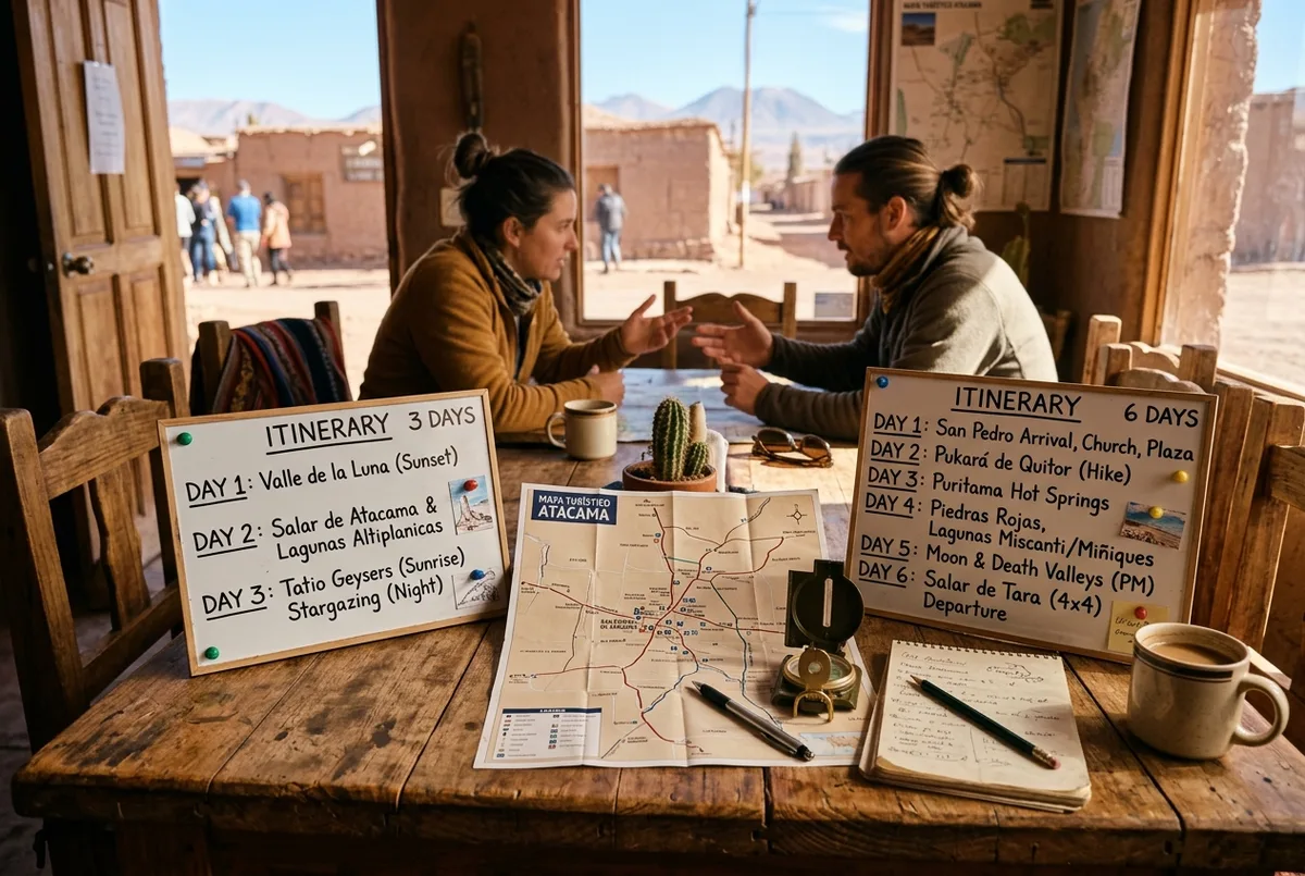 Side by side travel planning scene with a shorter desert itinerary board and a longer one, paper map and compass on a wooden table, San Pedro de Atacama itinerary planning concept