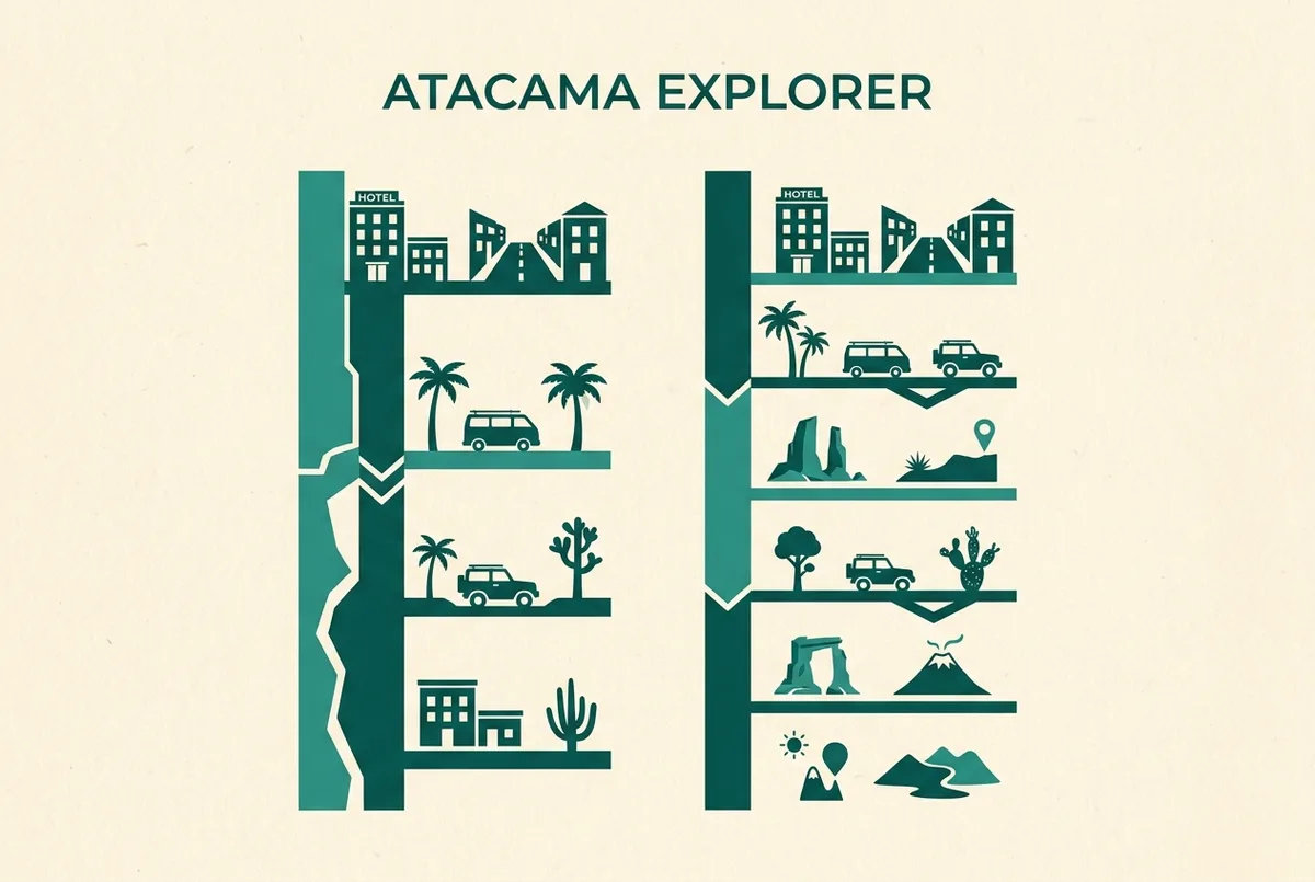 Simple infographic style graphic showing a two day itinerary bar next to a three day itinerary bar, each split into labeled day blocks, flat design, generic labels only, 2 day vs 3 day Atacama itinerary comparison