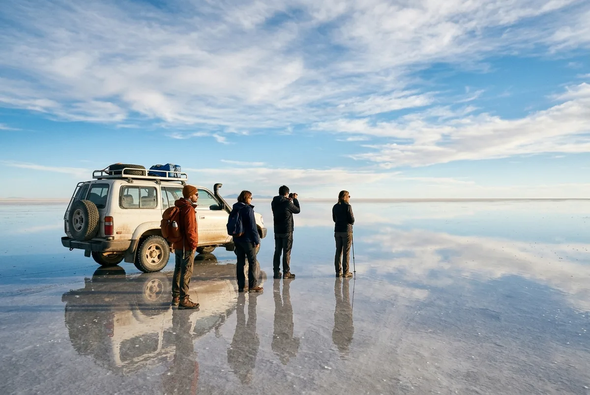 Travelers standing on the blinding white Uyuni salt flat with a 4x4 jeep parked nearby, flat mirror like horizon under a bright blue sky, uyuni salt flats tour from san pedro de atacama scene