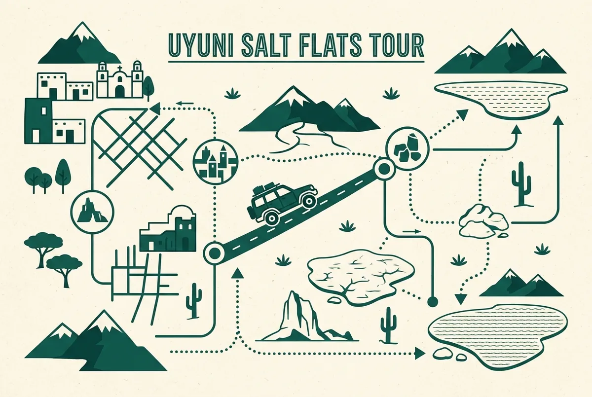 illustrated map of San Pedro de Atacama highlights for Tour al Salar de Uyuni: ¿1 Día o 3 Días desde San Pedro?, tour uyuni 3 días desde san pedro ida y vuelta