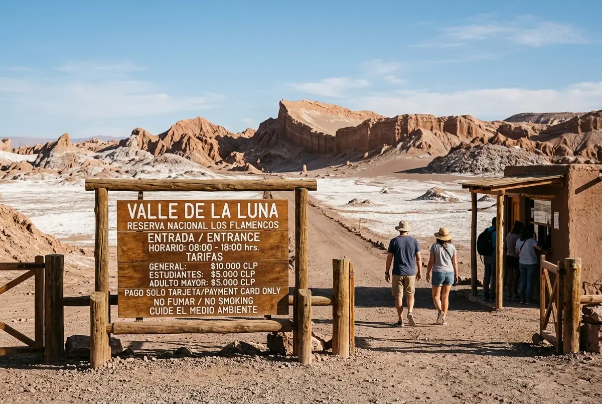 Tour valle de la luna precio, caseta de entrada al parque en la Cordillera de la Sal con viajeros mostrando su ticket al guardaparque