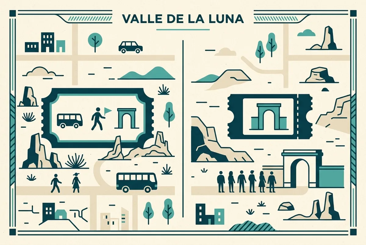 Infografía comparando el costo de un tour con transporte incluido frente a visitar el Valle de la Luna por cuenta propia en auto de alquiler, con iconos genéricos de precio y tiempo