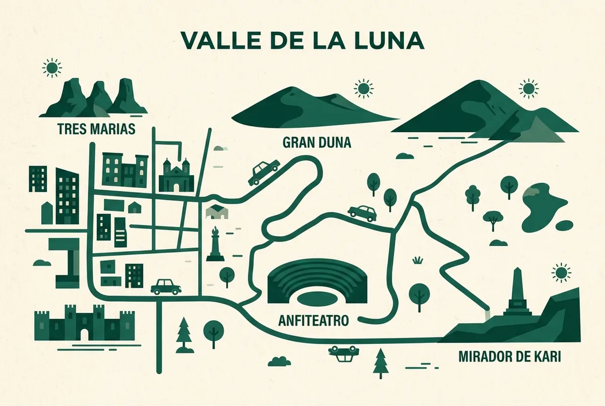 Simple infographic map marking Tres Marias, Gran Duna, Anfiteatro and Mirador de Kari inside Valle de la Luna with a small sun icon showing the best time of day at each stop, flat design, generic labels only, valle de la luna photo spots route map
