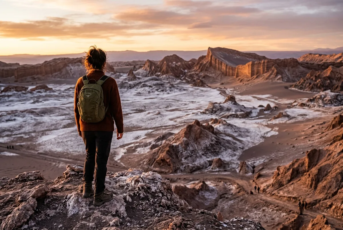 Traveler standing at a salt rock viewpoint overlooking the lunar landscape of Valle de la Luna at golden hour, Cordillera de la Sal ridgelines behind, valle de la luna tour scene
