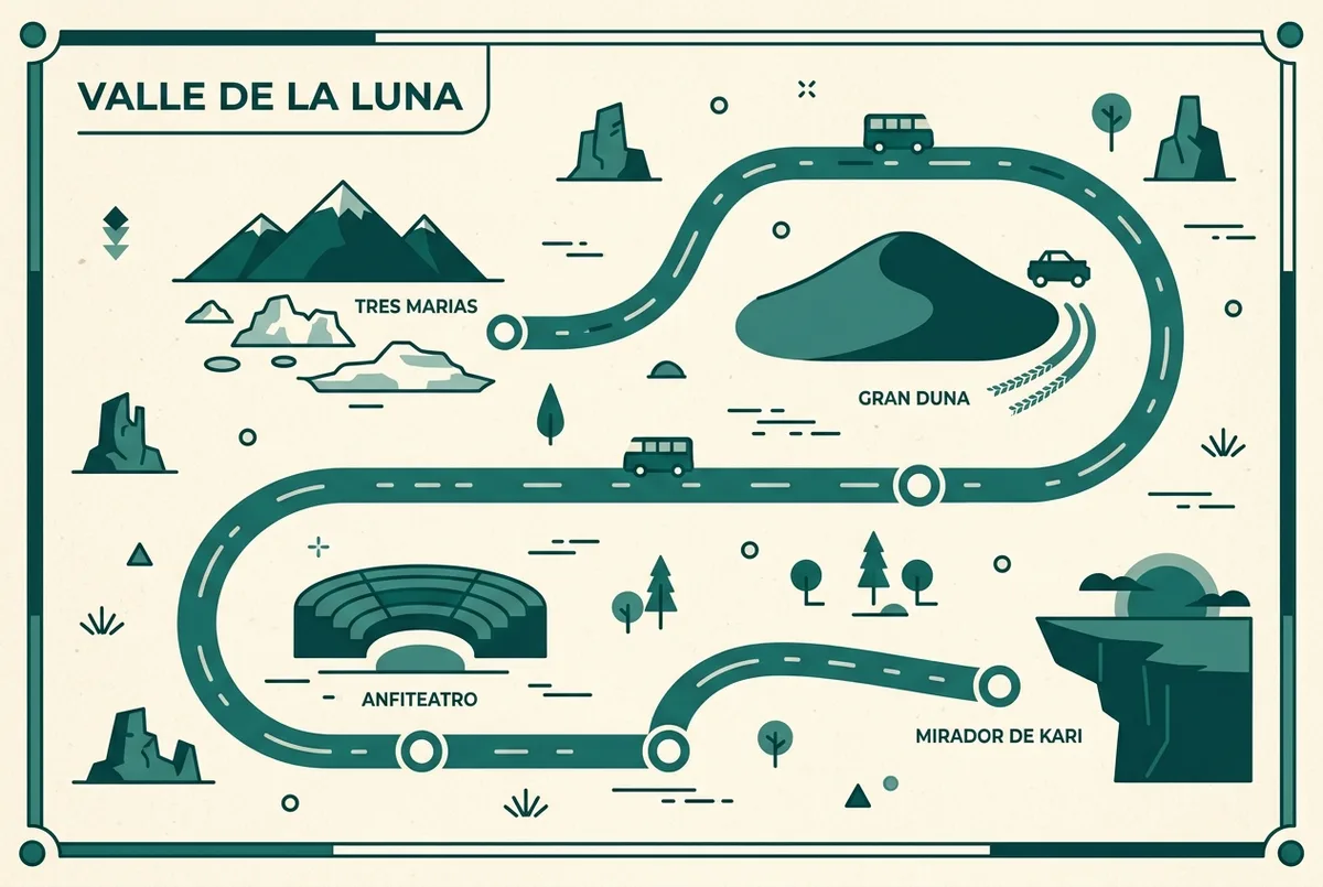 Simple map style graphic marking Valle de la Luna's main stops, Tres Marias salt formations, Gran Duna, Anfiteatro and Mirador de Kari sunset viewpoint, flat design, generic labels only, valle de la luna tour route overview