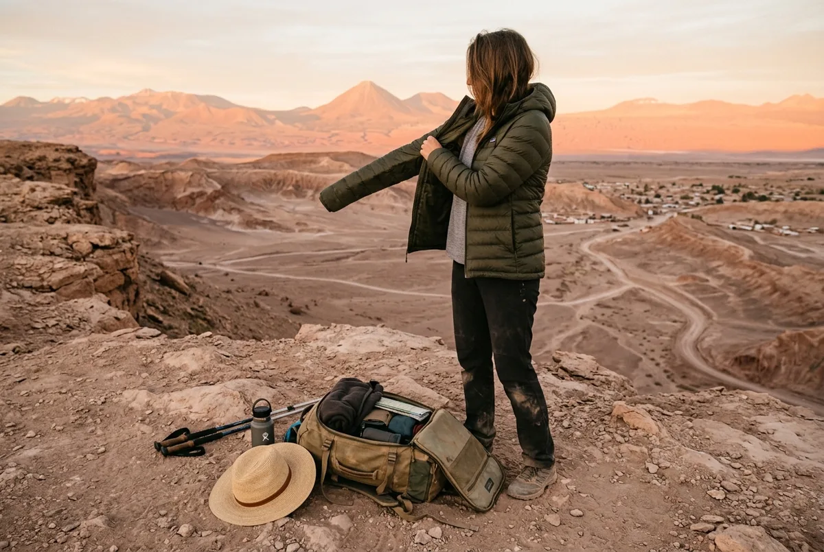 Traveler layering a jacket over a t-shirt beside an open backpack and sunhat at a dusty desert overlook at golden hour, what to pack for the Atacama Desert scene