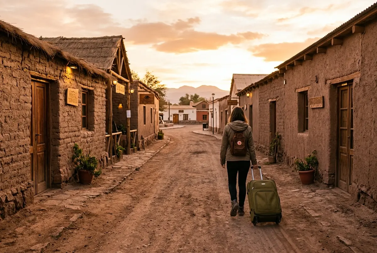 Traveler wheeling a suitcase down a quiet dirt street lined with low adobe guesthouses near the main plaza of San Pedro de Atacama at golden hour, where to stay in San Pedro de Atacama scene