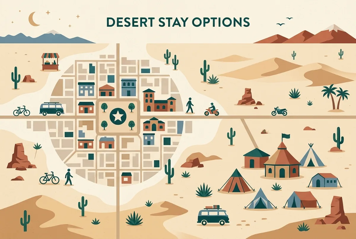 Simple infographic style map showing a town center zone near a plaza icon labeled central stay and a quieter outer desert zone labeled desert lodge, flat design, generic labels only, where to stay in San Pedro de Atacama map