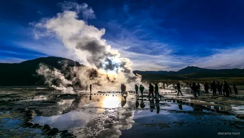 El Tatio Geysers tour, steam columns at sunrise in the Atacama highlands
