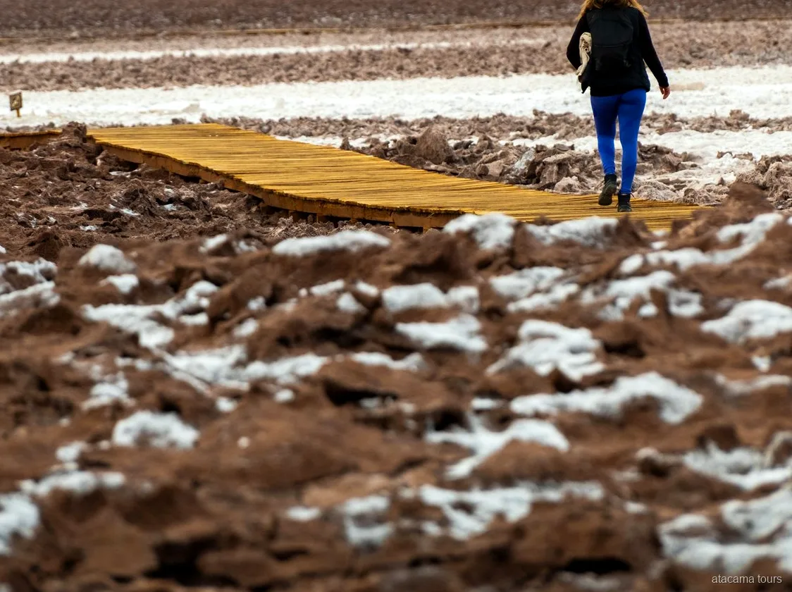 Excursions dans l'Atacama à Baltinache, randonneuse sur une passerelle en bois au milieu du sel
