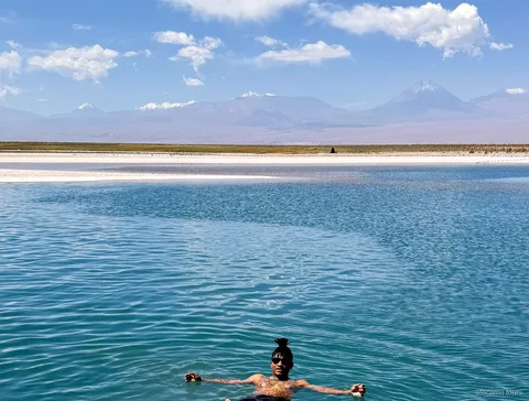 Atacama tours to Laguna Cejar, swimmer floating in blue water with snowcapped volcanoes behind