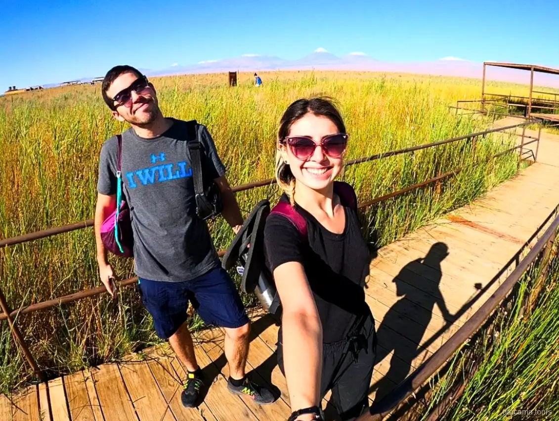 Atacama tours couple taking a selfie on a wooden boardwalk through tall grass, volcanoes on the horizon