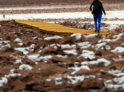 Tour ad Atacama a Baltinache, escursionista su una passerella di legno tra croste di sale
