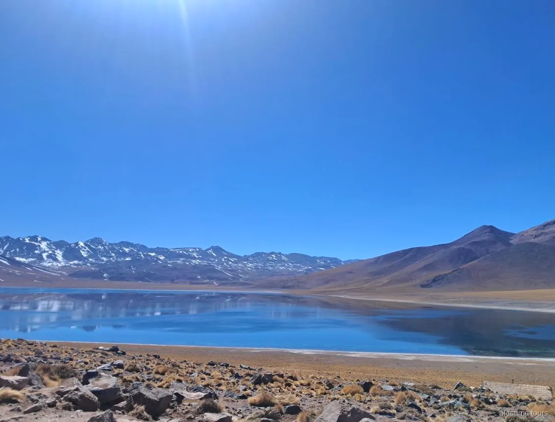 Passeios no Atacama às Lagunas Altiplânicas, laguna azul profundo refletindo picos nevados dos Andes